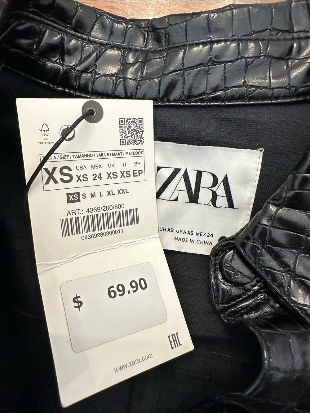 ZARA Black Faux Leather Croc Embossed Shirt Belted Jacket NWT